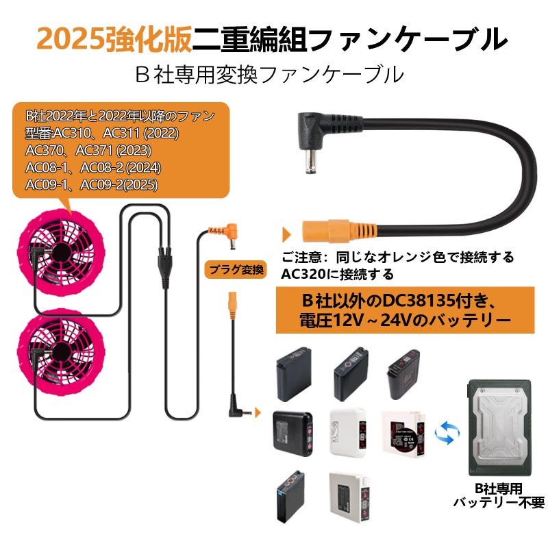 Burtle以外のDC3.8mm付きの作業服バッテリーをBurtleのファンに動作させる変換ケーブル