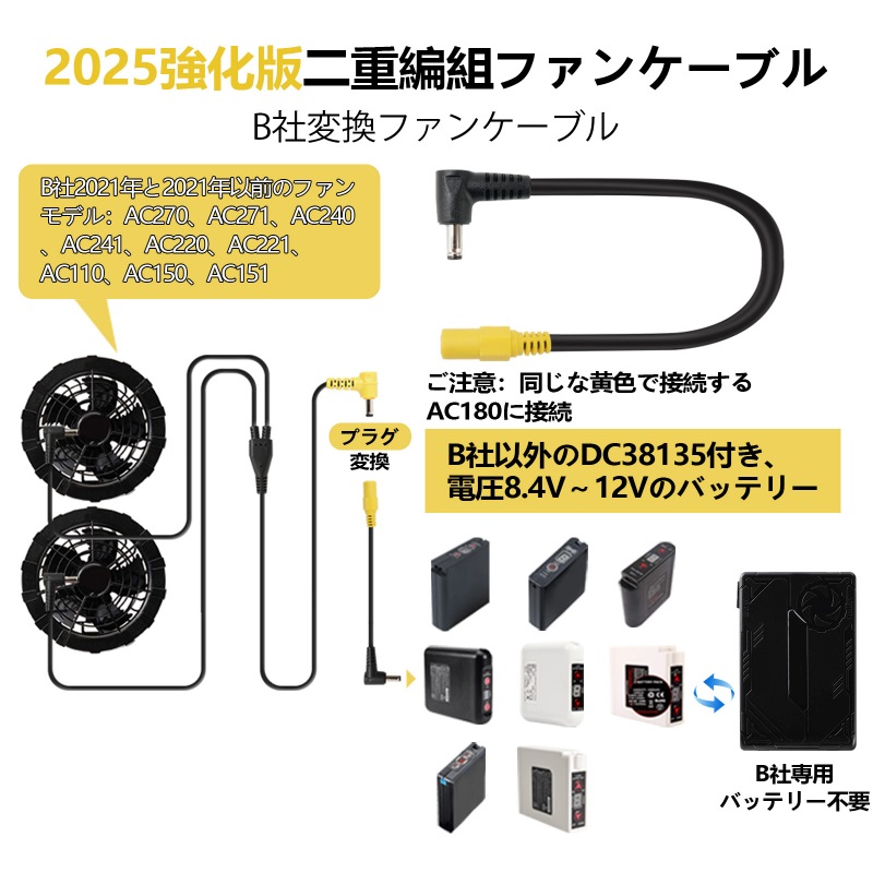 Burtle以外のDC3.8mm付きの作業服バッテリーをBurtle旧型ファンに動作させる変換ケーブル