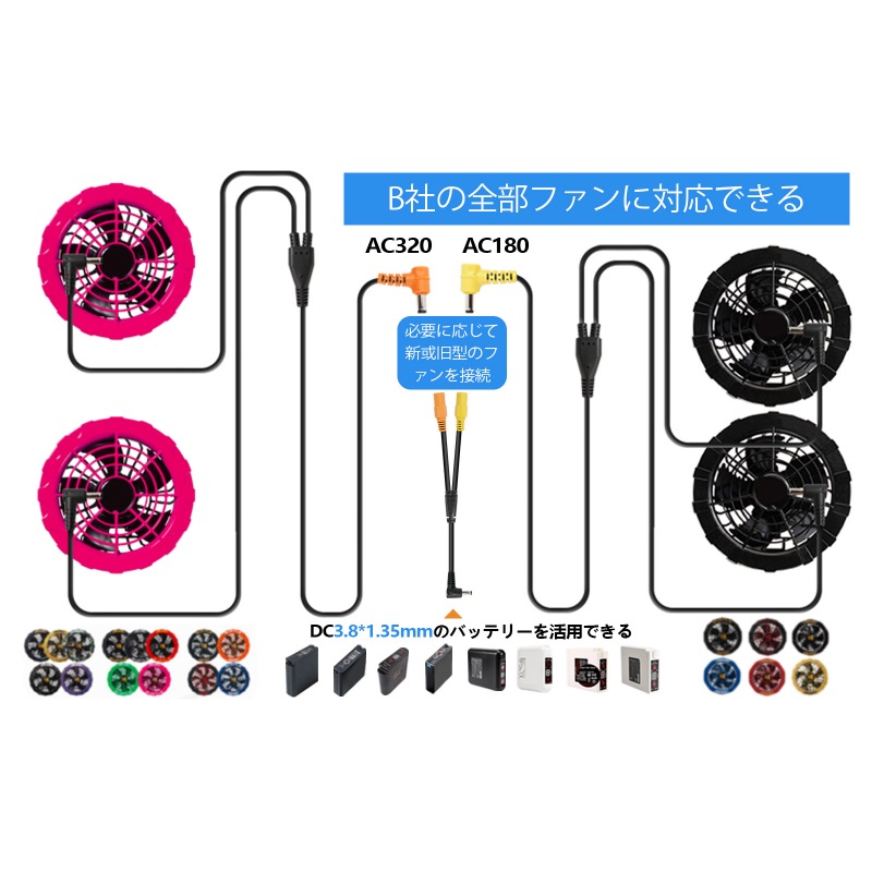 Burtle以外のDC3.8mm付きの作業服バッテリーをBurtleのファンに動作させる変換ケーブル