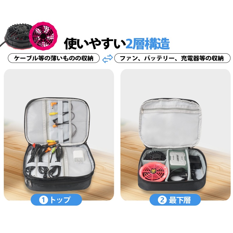 空調作業服 バッテリー 空調ファン 充電器 ケーブル 収納バッグのみ カジェットポーチ 2層仕組み ファン付き作業服 周辺の整理バッグ