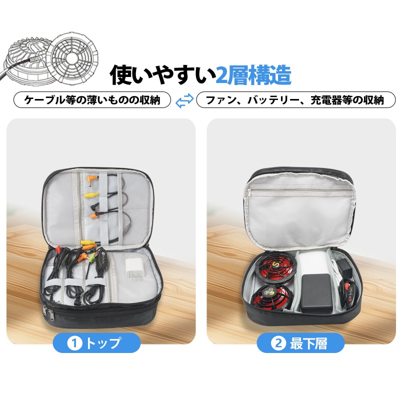 空調作業服 バッテリー 空調ファン 充電器 ケーブル 収納バッグのみ カジェットポーチ 2層仕組み ファン付き作業服 周辺の整理バッグ