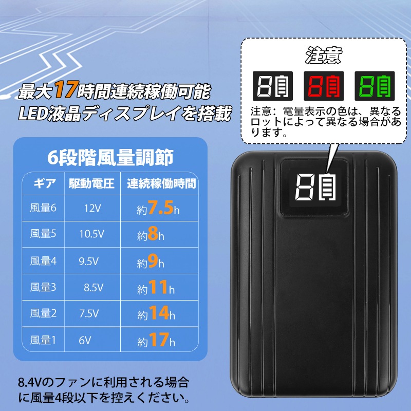 空調作業服 バッテリー 12V 14400mAh 6段階調整 変換ファンケーブル バートル BURTLE AC100/130/140/160/210/230/260 の代替品 互換品 同等品