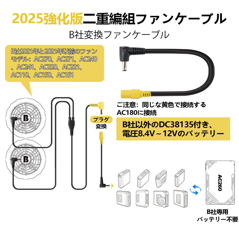 Burtle以外のDC3.8mm付きの作業服バッテリーをBurtle旧型ファンに動作させる変換ケーブル